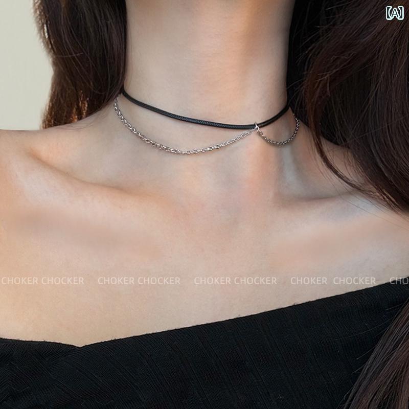 ネック アクセサリー 首輪 S925 スター リング シルバーブラック ダブル チェーンチョーカー ネックレス カラー 女性 ショート 鎖骨 チェーン ネック ストラップ