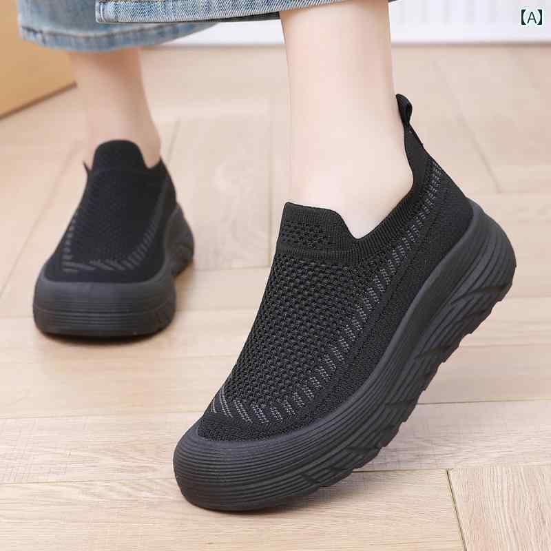 レディース カジュアル ウォーキング シューズ 2025夏 厚底 フライング ニット ファッション スポーツ シューズ 軽量 滑り止め 通気性 万能 スリッポン ママ カジュアル