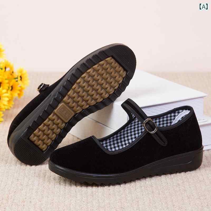 レディース カジュアル ウォーキング シューズ 古風 布 靴 婦人 ミッド ヒール シングル シューズ ソフト ソール ワークシューズ ブラック ホテル 滑り止め ダンス マザー