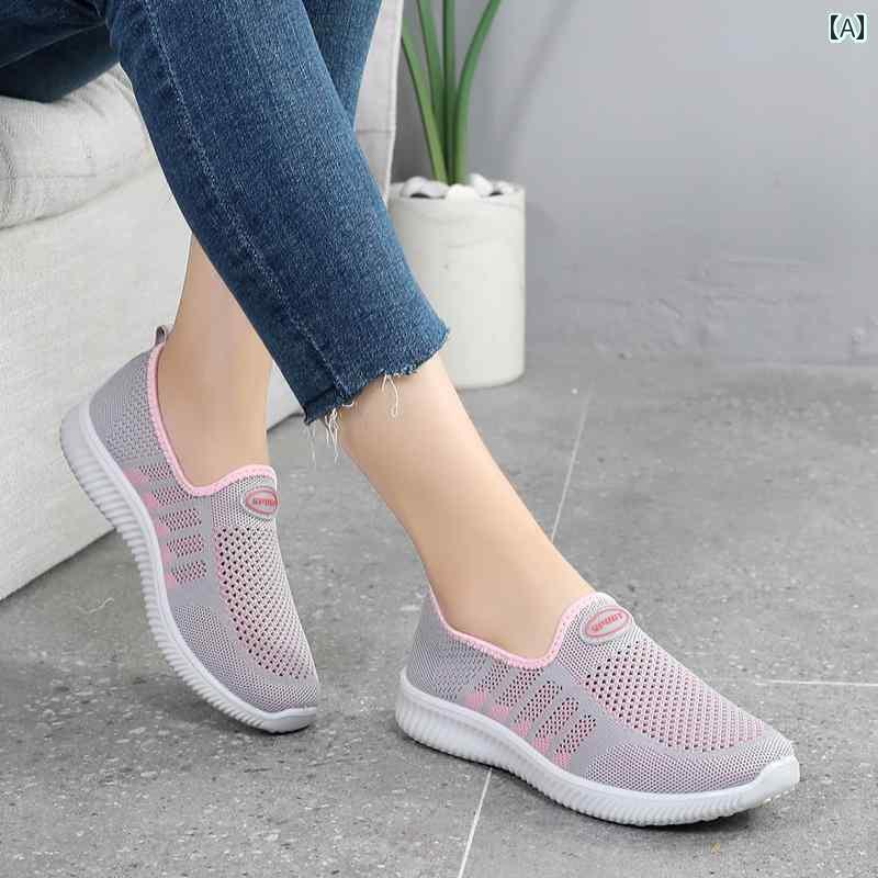 レディース カジュアル ウォーキング シューズ 夏 古風 布 靴 レディース メッシュ 婦人 通気性 母の スニーカー ソフト ソール スリッポン