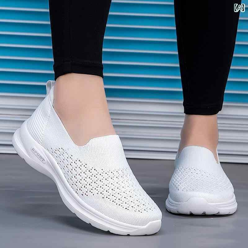 レディース カジュアル ウォーキング シューズ 古風 布 靴 レディース 旅行 中年と 高齢の 母親の ソフト ソール 快適 白い ダンス シューズ メッシュ 通気性
