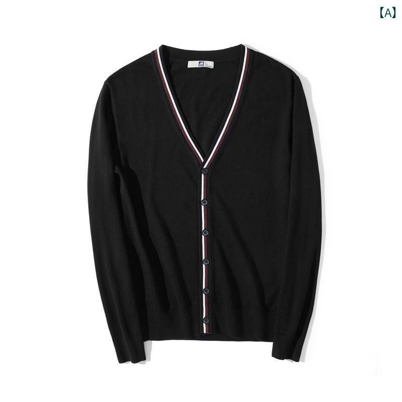 メンズ カーディガン スタイリッシュ 韓国 春秋 ニットカーディガン Vネック コントラスト ブラック ス..