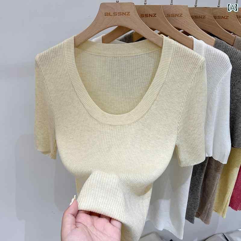 ガーリー Uネック ニット 2025夏の レディース 向け 冷感 アプリコット U ネック ショルダー セーター ..