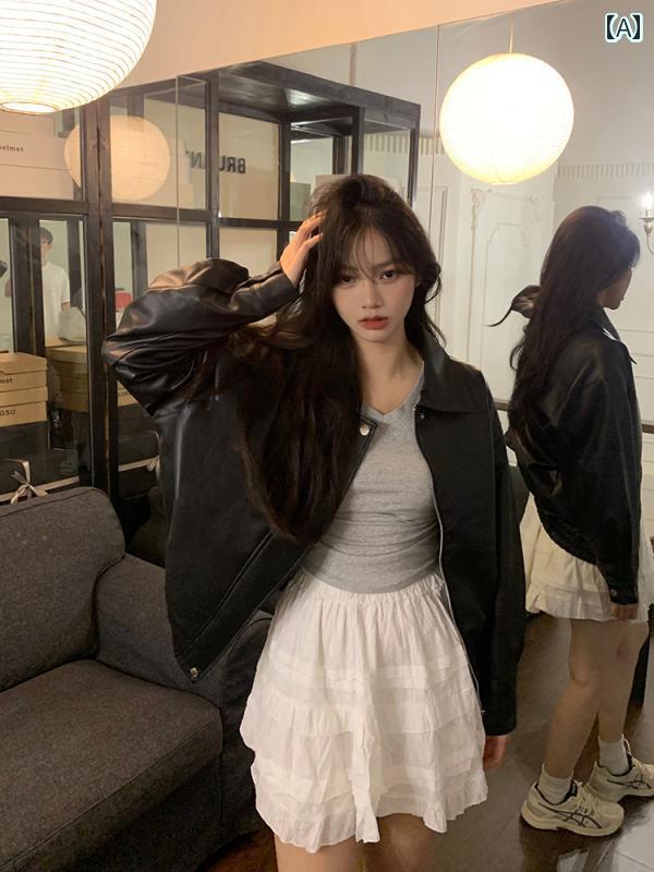 レディース ライダース ジャケット Jiutian Yingzi ブラック PU レザー ジャケット バイクウェア 韓国 ゆったり ファッション ハイエンド ヘビー レトロ トップ