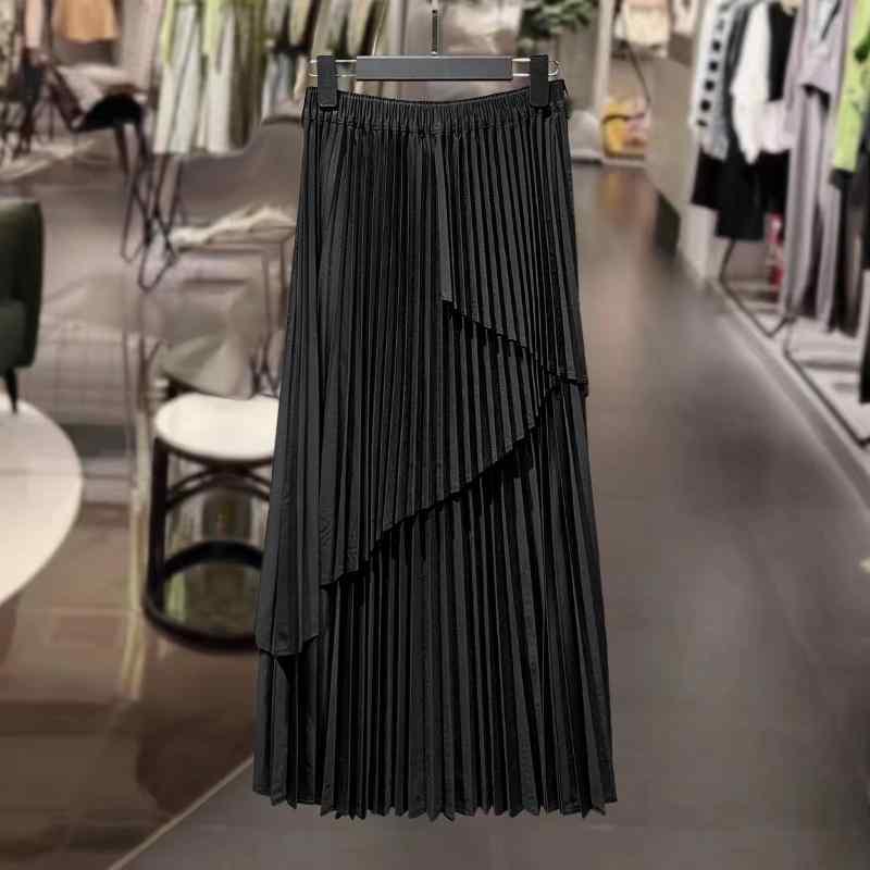 春秋 ボックス プリーツ スカート ブラックの 不規則な の 伸縮性の ある ウエストの スカート 女性用 2025夏の アコーディオン プリーツ aライン ロング