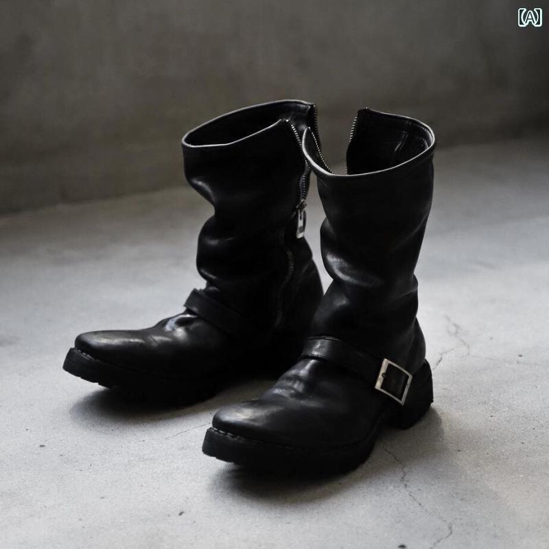 メンズ ブーツ 靴 ダーク レトロ ブーツ メンズ 厚底 ハイヒール エンジニア ミドル モーター サイクル..