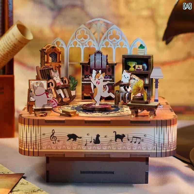 オルゴール インテリア 雑貨 オルゴール DIY 猫の 集まり パズル 回転 式 組み立て 女の子 レディース 日 ギフト