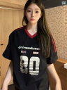 レディース バスケットボール スタイル アメリカン レトロ 3本 バー ステッチ Vネック ジャージー 半袖 Tシャツ レディース 夏 オーバー サイズ ストリ...