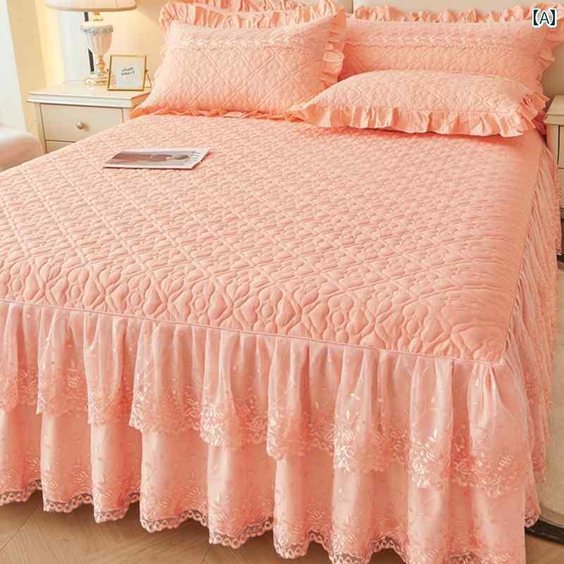 ベッド スカート カバー 2024年 綿 キルト ベッド スカート シングル ピース 100 % 厚手 プリンセス スタイル 滑り止め ベッドスプレッド 枕 カバー 3点 セット 4点