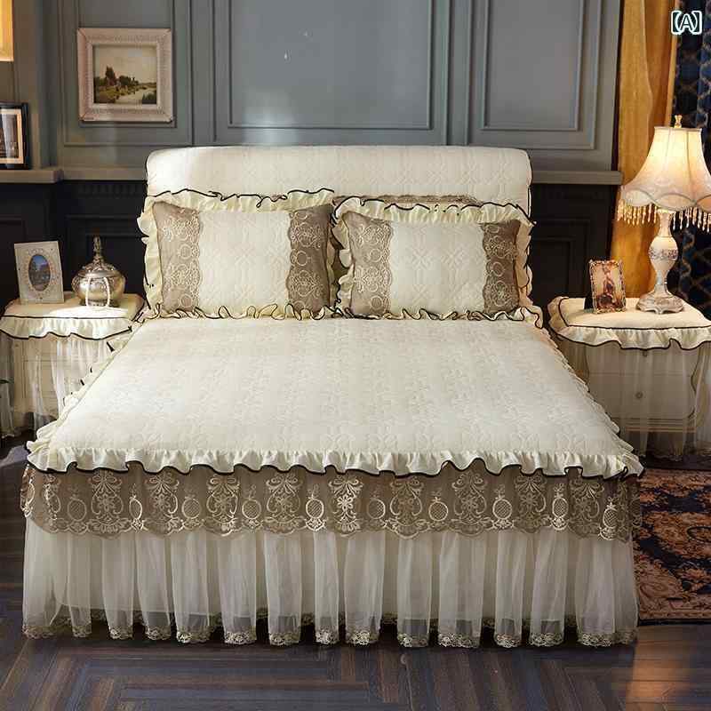 ベッド スカート カバー プリンセス ベッド スカート ワンピースの キルト エプロン レースの シーツ 滑り止め ベッドスプレッド イン 付き