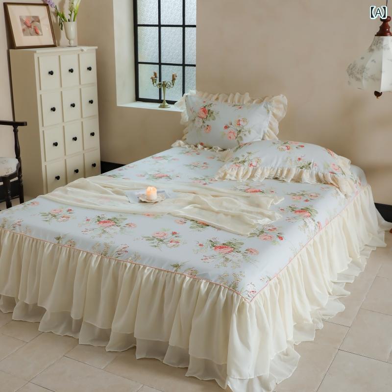 ベッド スカート カバー フレンチレースの ベッド スカート ワンピース 春夏 綿 ベッドスプレッド スタイル ガーリー レース コットン カバー 3点 セット 滑り止め