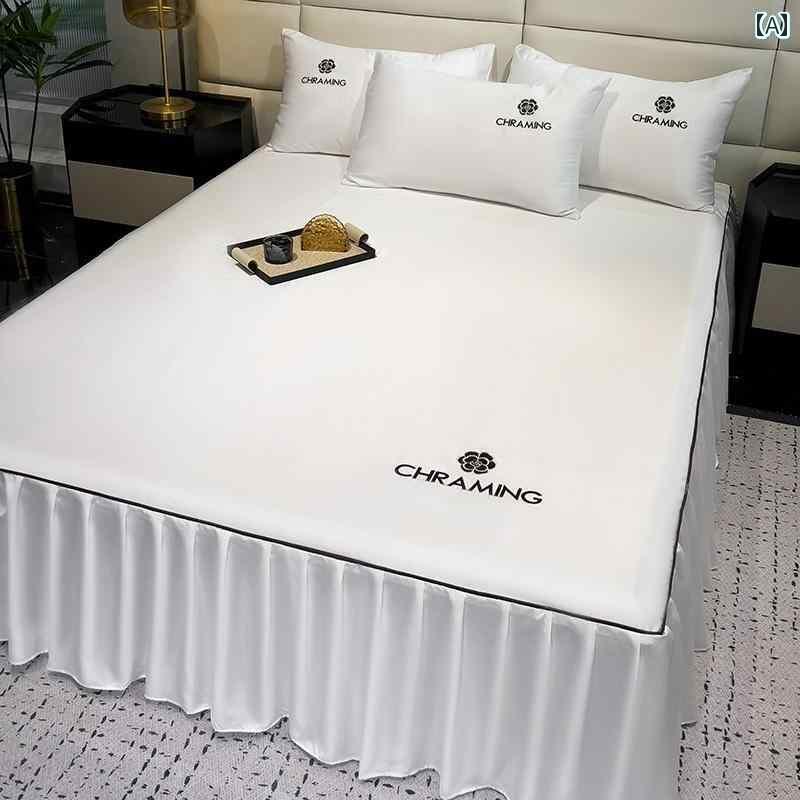 ベッド スカート カバー 軽くてな 刺繍入り ウォッシュド シルク ベッド スカート ワンピース カバー 防塵 夏 用 冷感 シーツ エッジ 付き ベッドスプレッド 3点 セット