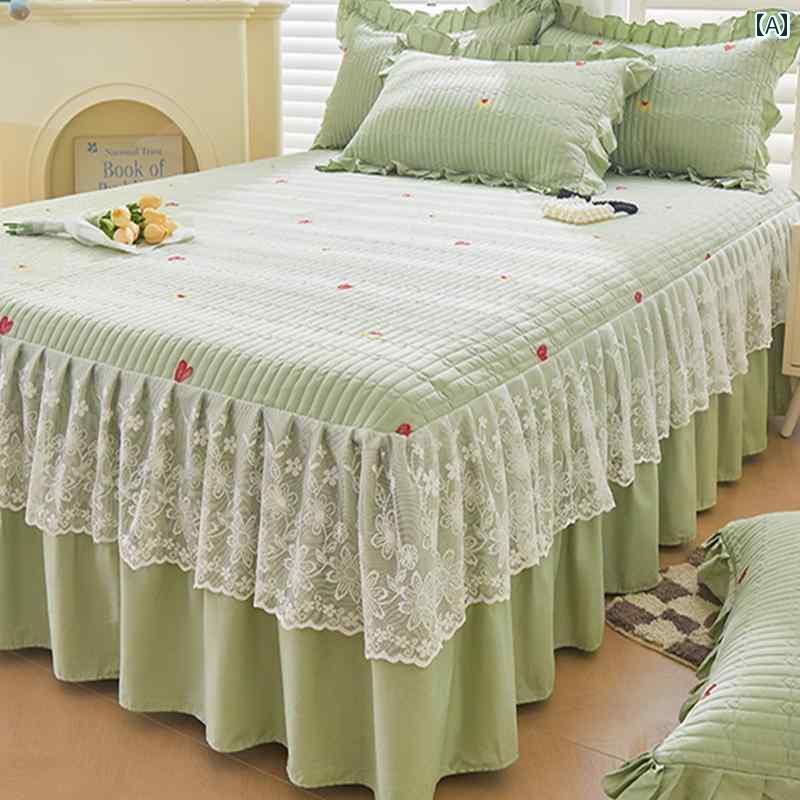 ベッドシーツ おしゃれ ベッドスカート レース キルティング 刺繍 小さい 桜の 綿 ベッド スカート ワンピース コットン ベッドスプレッド 3点 セット シーツ 醜い カバー