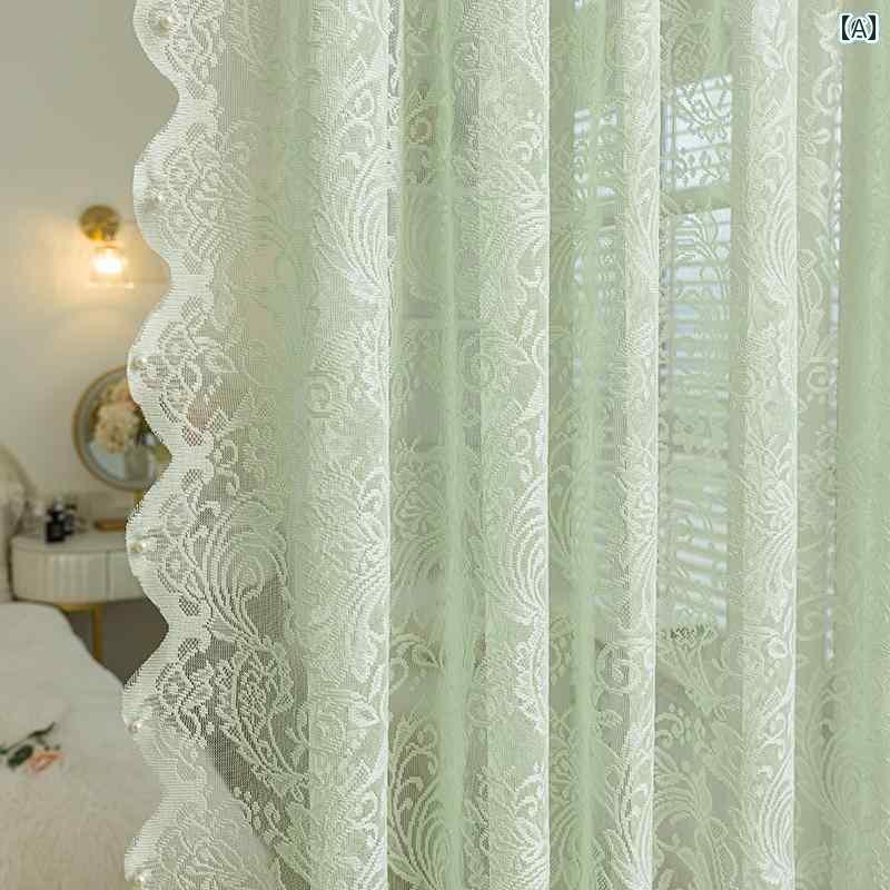 カフェ カーテン インテリア グリーン レースの 窓用 スクリーン パンチング フリーの フレンチ ガーゼ カーテン 装飾 ベイ ウィンドウ 寝室 バルコニー 遮 光 取り付け