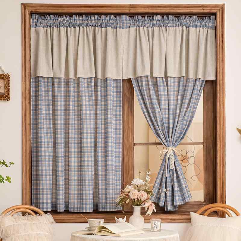 カフェ カーテン インテリア フランスの レトロ スカイブルーの チェック 柄 アメリカ 田舎 風 コットンと リネンの カーテン ヘッド キッチン ドア パンチング ロッド 不要