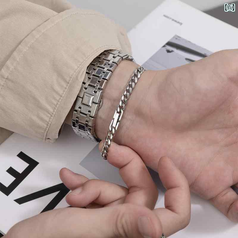 ラグジュアリー ブレスレット II ストリート ヒップ ホップ ブレスレット シンプル コールド スタイル カップル チタン スチール 薄型 キューバ メンズ ...