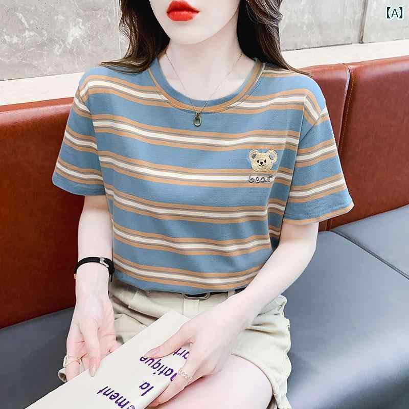 ストライプ Tシャツ レディース 綿 Tシャツ ゆったり 半袖 レディース 夏 2025 美しい ファッション ストライプ 韓国 シック トップス