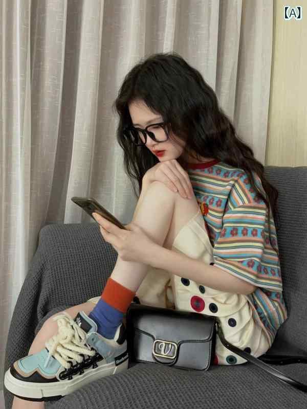 ストライプ Tシャツ レディース アメリカン の ストライプ 半袖 ストレート ショルダー Tシャツ レディ..