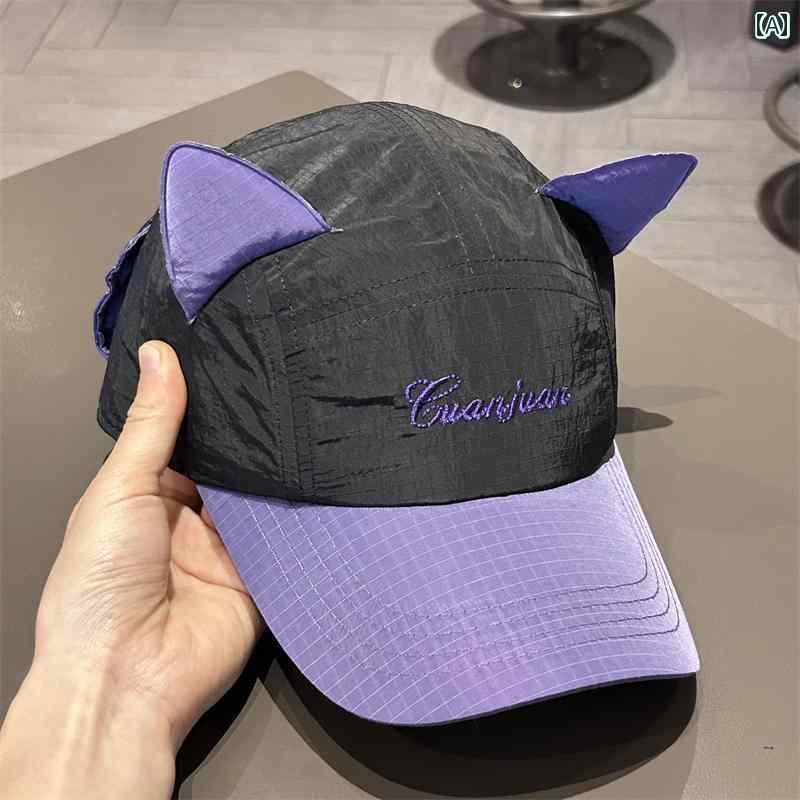 レディース ベースボール キャップ 男女兼用の かわいい 逆さ 猫 耳 野球帽 夏用 速乾 アウトドア 旅行..