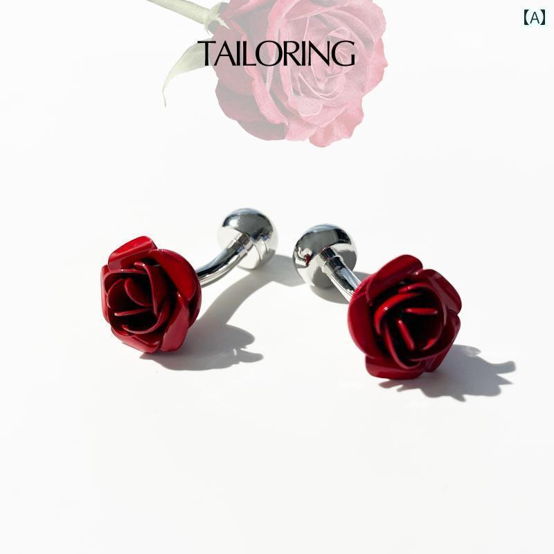 カフスボタン メンズ ワンポイント カフスボタン フレンチ レッドローズ型 メンズ ロマンチック カジュ..
