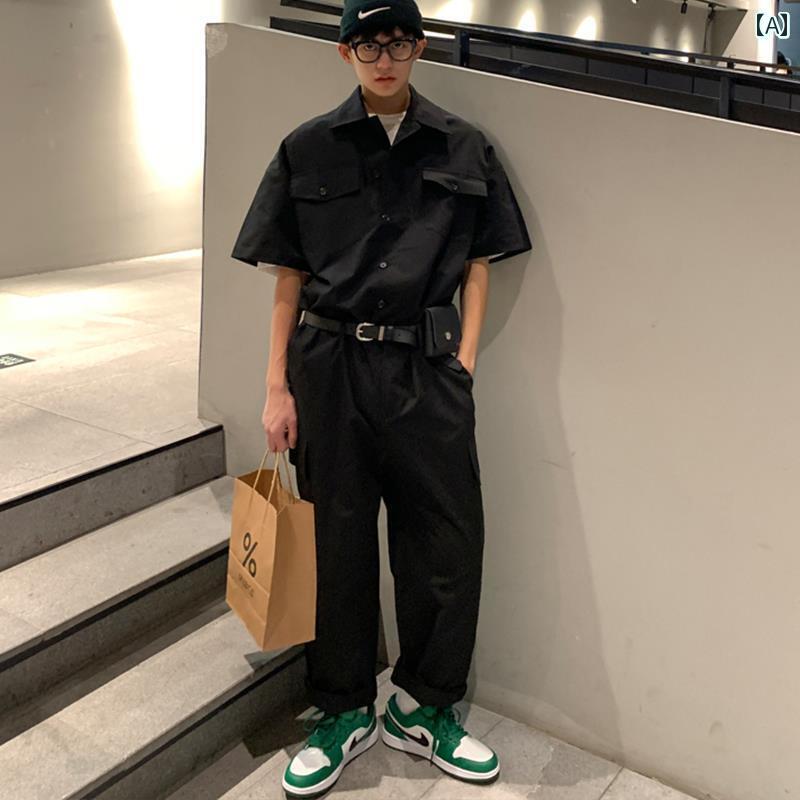 メンズ オーバーオール つなぎ 男女兼用の 塩辛い 夏用 ジャンプスーツ レトロ 半袖の ゆったり オーバー オールの 韓国 カジュアル