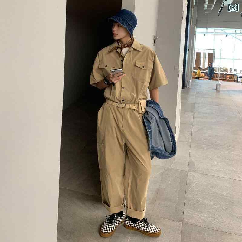 メンズ オーバーオール つなぎ 男女兼用の 塩辛い 夏用 ジャンプスーツ レトロ 半袖の ゆったり オーバー オールの 韓国 カジュアル