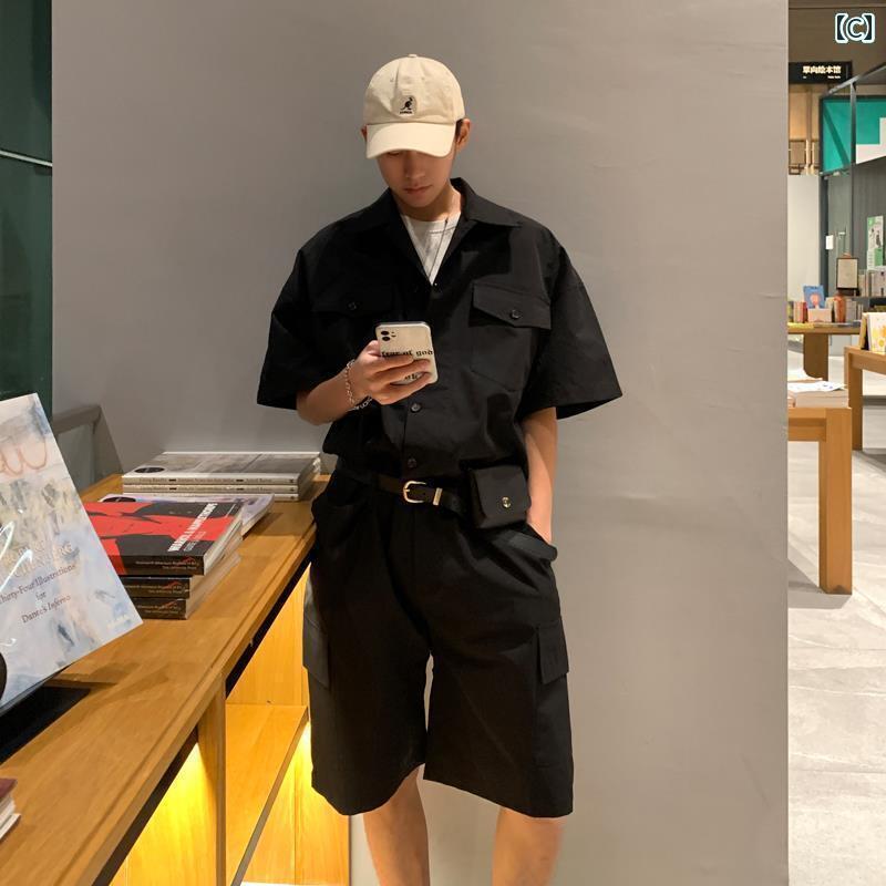 メンズ オーバーオール つなぎ 男女兼用の 塩辛い 夏用 ジャンプスーツ レトロ 半袖の ゆったり オーバー オールの 韓国 カジュアル