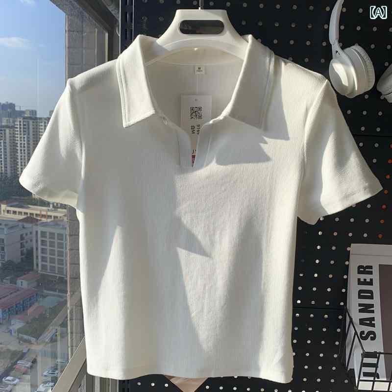 レディース ポロシャツ シンプル 夏用の レディース 半袖 Tシャツ 白の ポロ カラー カーブ した 裾 ス..