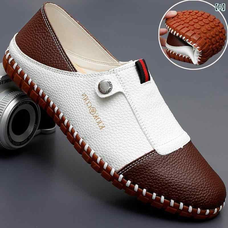 ドライビング シューズ 万能 メンズ 白い の 紳士靴 通気性の ある ソフト ソールの ローファー や 中年の 人々の 日常 使いに 最適 英国 風 フラット ヒール 第一層の 牛革靴