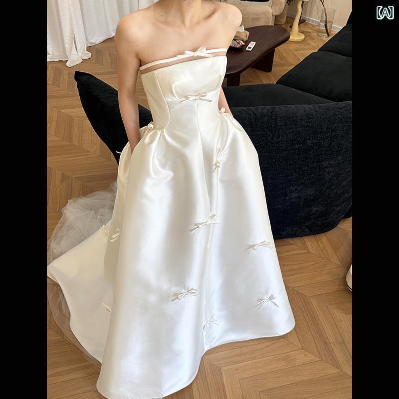 ウェディング ドレス フランスの サテン チューブ トップ モーニング ガウン ライト ウェディングドレス スカート 2025 花嫁 プチ ハイエンド メイン ヤーンを 感じさせる