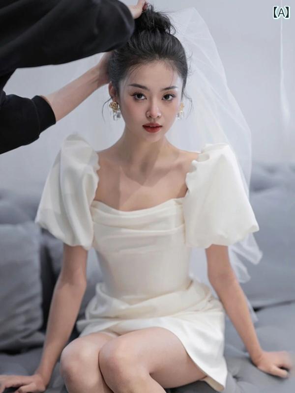 ウェディング ドレス 小柄な 方の フランスの 軽い ウェディングドレス シンプル 外出用 ショート スタイル 登録 サテンの 小さい 白い ドレス 婚約