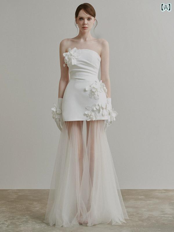 ウェディング ドレス 結婚 証明 書用の サテン ライト ウェディングドレス 小さい 白い ドレス スーパー フェアリー フラワーホワイト チューブ トップ 花嫁の 旅行 写真 撮影 ガウン