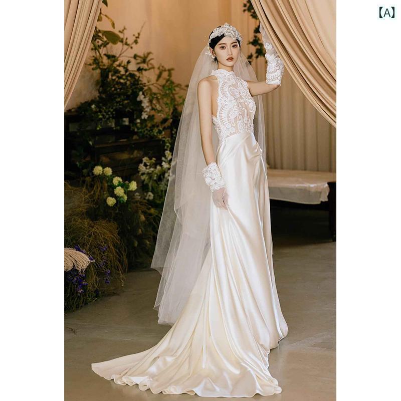 ウェディング ドレス フレンチ ブライダル レトロ ホルター モーニング ガウン レース トレーリング ウ..