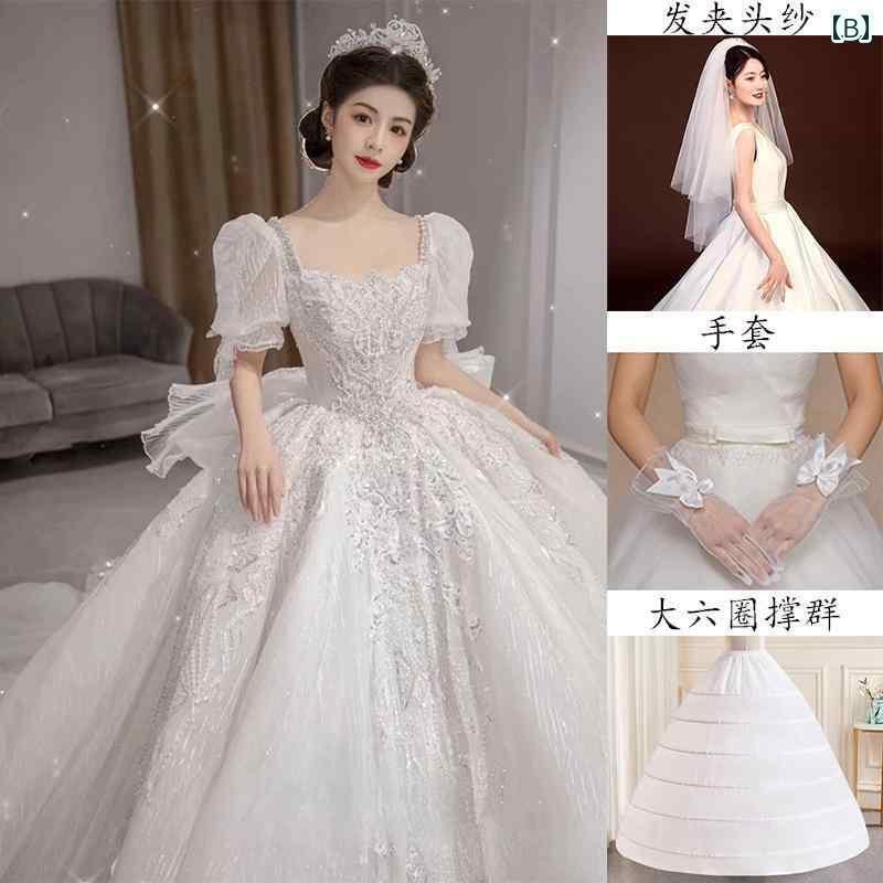 ウェディング ドレス ファッション ウェディングドレス フランスの ブライダル メイン テールライトの な 質感の パフスリーブドレス プリンセス スター ライト