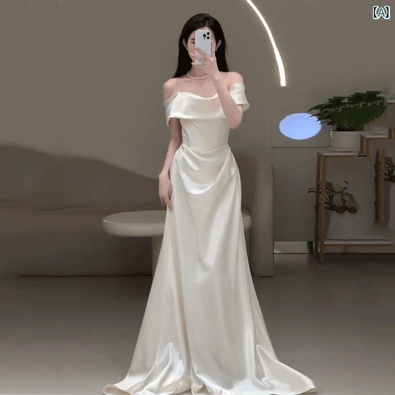 ウェディング ドレス 2025年 ワンショルダー フレンチ サテン ライト ウェディングドレス 花嫁 シンプル ハイエンド フォレスト スタイル スーパー フェアリー エンゲージメント ホワイト ドレス