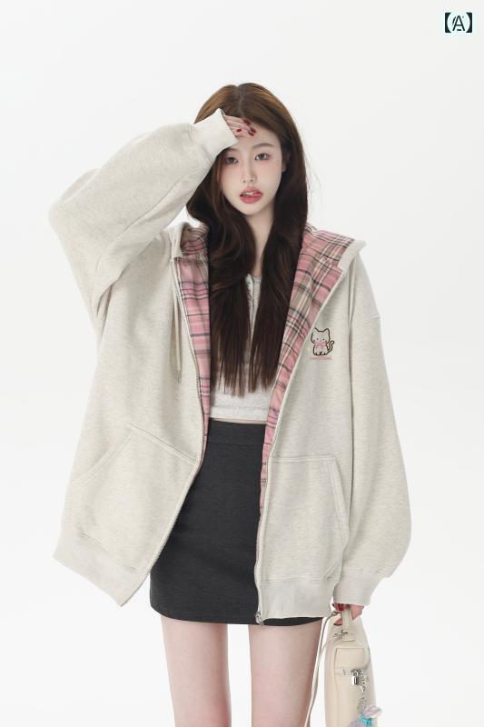 秋冬 レディース パーカー RTYHY フローラル グレー フード付き ベルベット セーター ジャケット レディース 春 スタイル チェック 柄 ジッパー パーカー カーディガン トップス