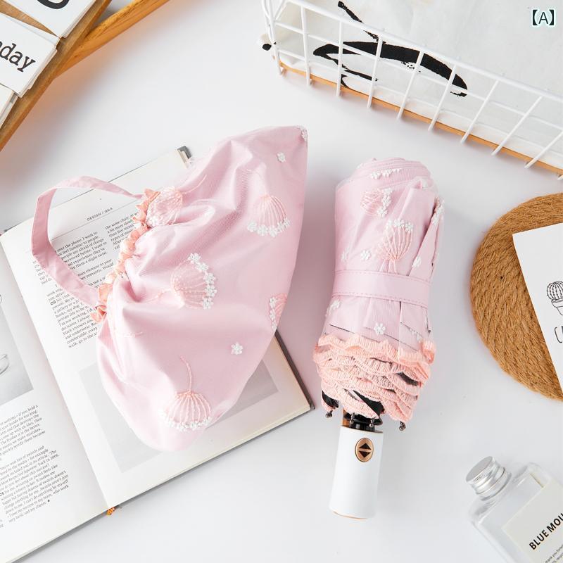 日傘 日焼け防止 コンパクト 二 層 レース 刺繍 日傘 日焼け防止 UV カット 全自動 女性用 晴 雨 兼用 傘 折りたたみ