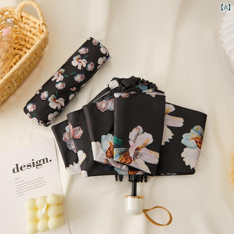 日傘 日焼け防止 コンパクト の 二 重層の 厚手 黒い ビニール 三つ 折り 日傘 女性用 レトロ フラワー 日焼け防止 UV 保護 晴 雨 兼用。