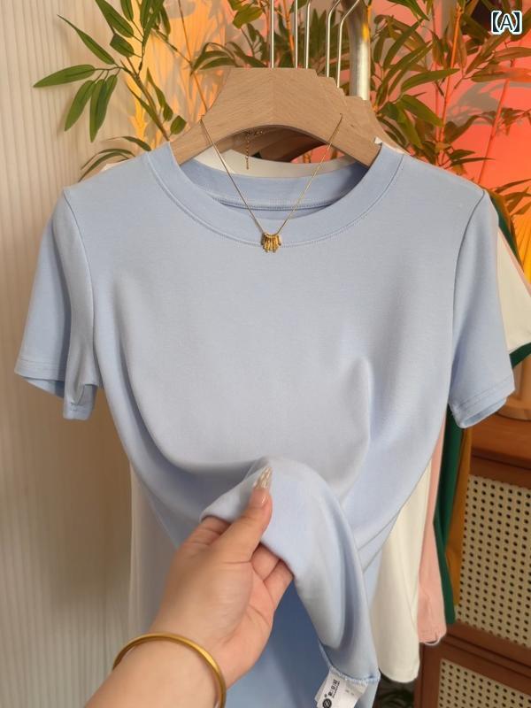 レディース トップス シンプル 無地 柔らかくて 粘着性の ある 無地の ラウンドネック 半袖 Tシャツ 夏の 女性用 シンプル スリミング トップ 伸縮性の の シャツ(4)