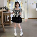 子供服 スカート カジュアル 女の子 サマー スーツ 2025 夏 子供用 チェック 柄 リボン パフスリーブ トップ ティアードスカート ツーピース