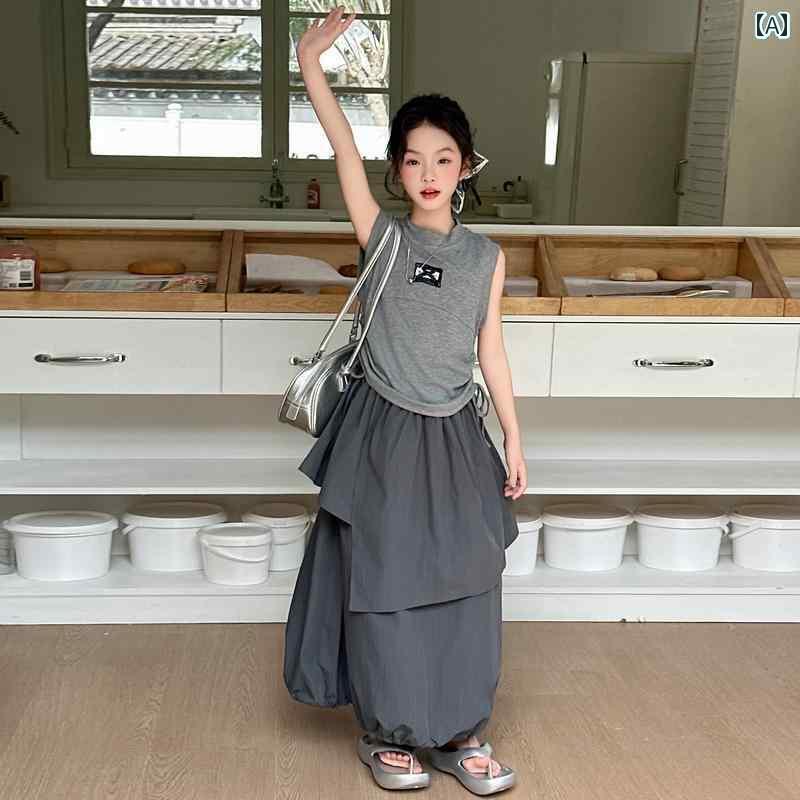 子供服 スカート カジュアル 女の子 夏の スーツ 2025 子供服な ベストの ドレスの 作業着の ツーピースの 薄手