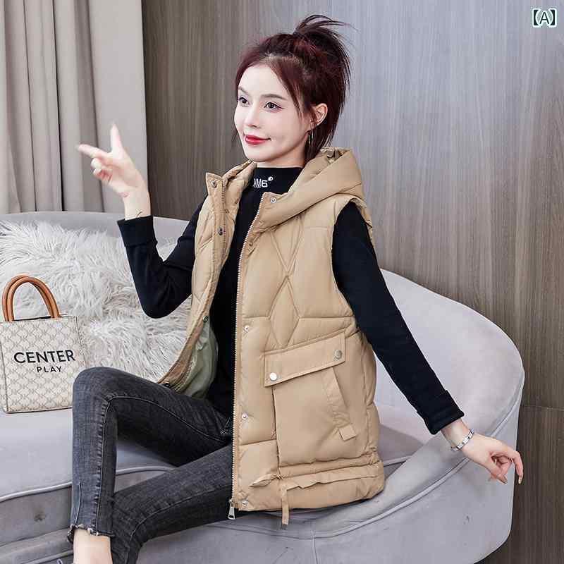 レディース ダウン ベスト シンプル ダウン コットン ベスト レディース 春秋冬 スタイル フード付き ..