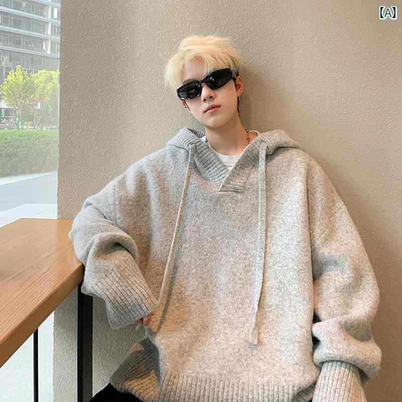 ハイネック パーカー メンズ グレーの フード付き セーター メンズ 秋冬 スタイル ゆったり 厚手 プルオーバー カップル ジャケット