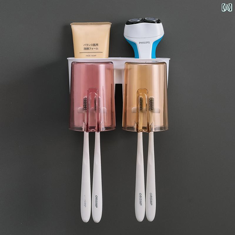 歯ブラシ入れ ラック ホルダー 歯 ブラシ ラック パンチ フリー カップ 電動 ブラシホルダー ファミリー セット 壁掛け 式 洗浄 ハンドル 付き