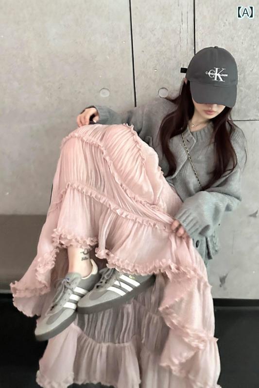 ドレープ スカート カジュアル レディース 韓国 ピンクの キノコの レースの ガーゼの スカート レディ..