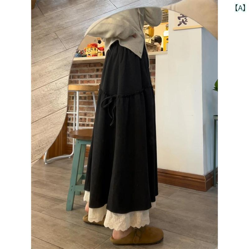 ドレープ スカート カジュアル レディース レースの パッチワークスカートのは あなたが 細く 太って 見えるようにし 洋 ナシ型の 体型 ヒップを カバー する aラインの ロング スカートは 足首まで ロングです。