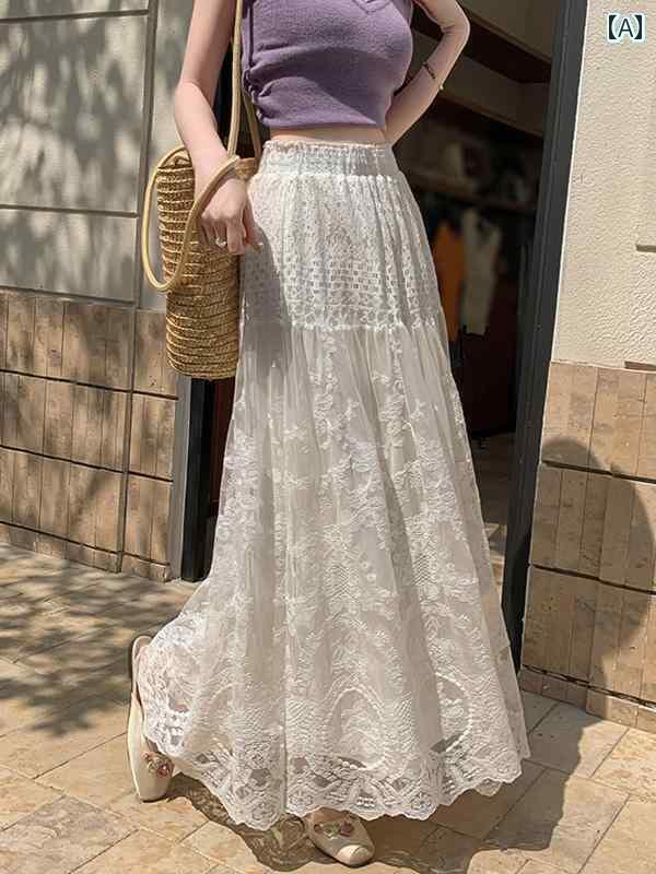 ドレープ スカート カジュアル レディース レース メッシュ スカート レディース 夏 薄手 ハイウエスト スリム カジュアル ビッグ スイング aライン ロング(4)