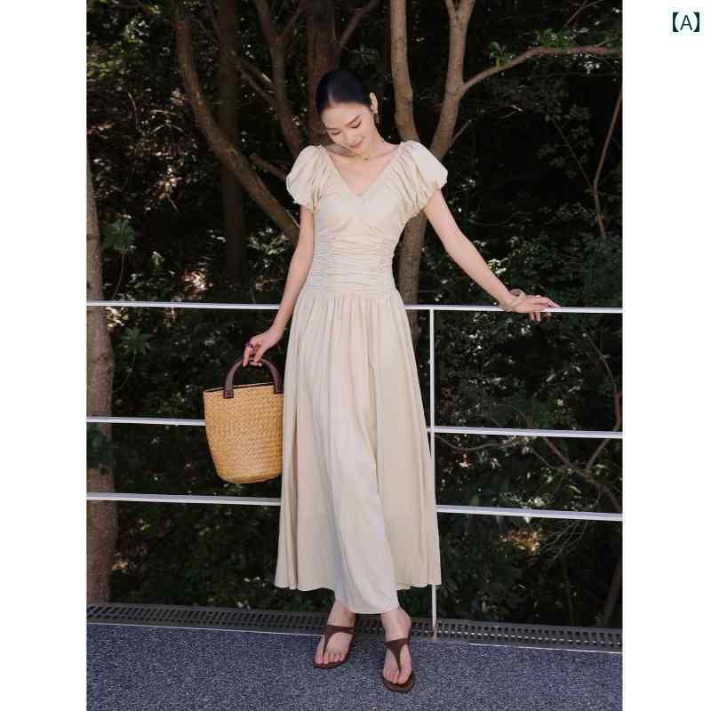 黒ドレス 大人かっこいい レディース JWUNIQUE ディンプル ブラック Vネック 半袖 プリーツ ウエスト ドレス レディース 2025 夏 ロング スカート