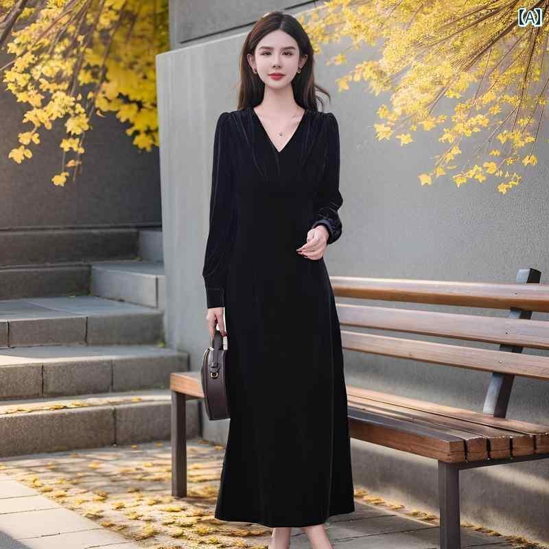 黒ドレス 大人かっこいい レディース 高級 フレンチ ベルベット ドレス 女性用 2024 春秋 スリム Vネック 風 黒 インナーボトム ロング スカート