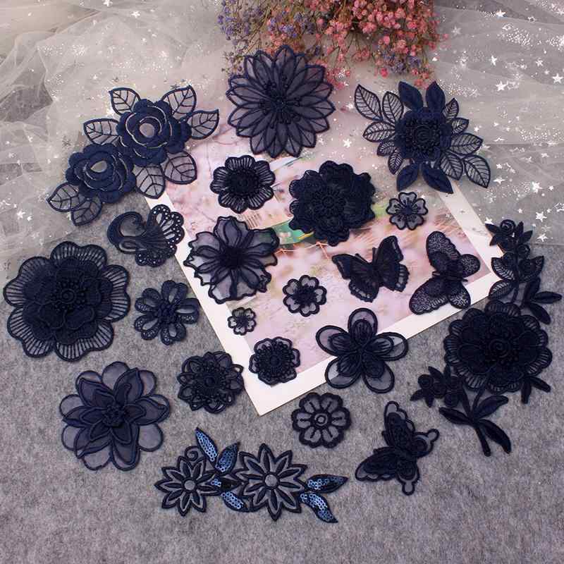 パッチ ステッカー ネイビーブルーの パッチ 粘着 レース 刺繍 布 パッチダウン ジャケット 穴 ファッション 花 蝶 ガーゼ スカート アップリケ